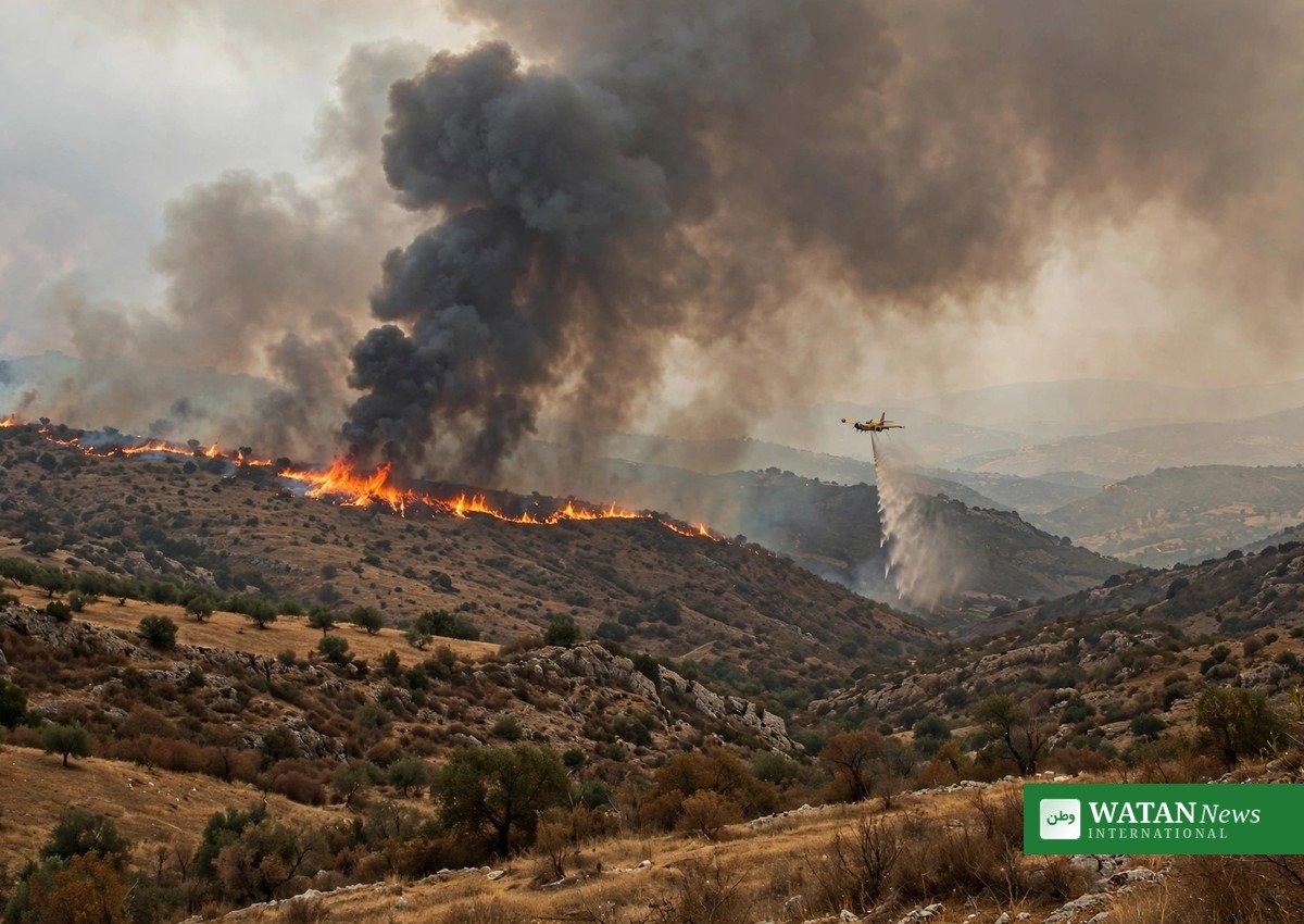 Wildfire smoke and firefighting aircraft over dry Mediterranean hills during July 2026 heat
