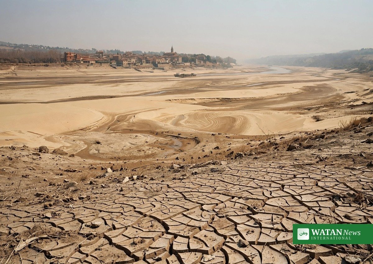 European river at extremely low water level with cracked riverbed during 2026 drought