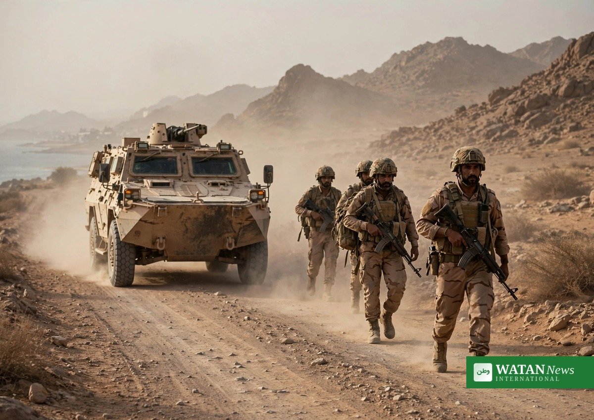Yemeni government troops advancing near Bab al-Mandab during the Dawn of Yemen offensive