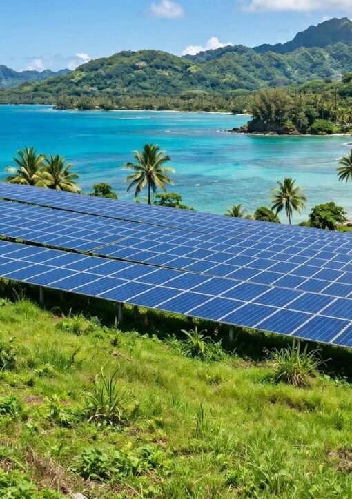 Solcellepark på en tropisk stillehavsø — illustrationsbillede til Australiens 7,3 mio. AUD-program for vedvarende energi i Stillehavet