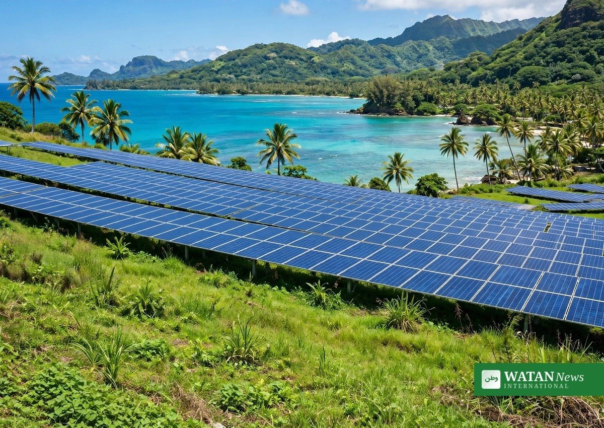 Solcellepark på en tropisk stillehavsø — illustrationsbillede til Australiens 7,3 mio. AUD-program for vedvarende energi i Stillehavet