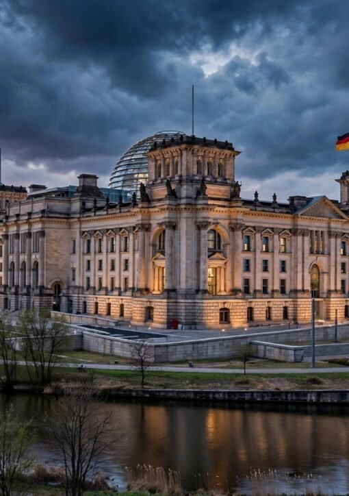 The Reichstag in Berlin at dusk — former BND chief August Hanning has been detained on suspicion of espionage and treason, Bild reported