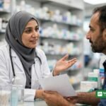 فارماسسٹ مریض کو ادویات کے مضر اثرات کی اطلاع دینے کے بارے میں آگاہ کر رہی ہے