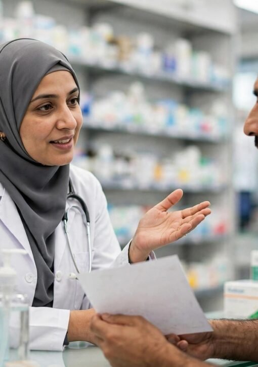 فارماسسٹ مریض کو ادویات کے مضر اثرات کی اطلاع دینے کے بارے میں آگاہ کر رہی ہے