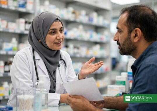 فارماسسٹ مریض کو ادویات کے مضر اثرات کی اطلاع دینے کے بارے میں آگاہ کر رہی ہے
