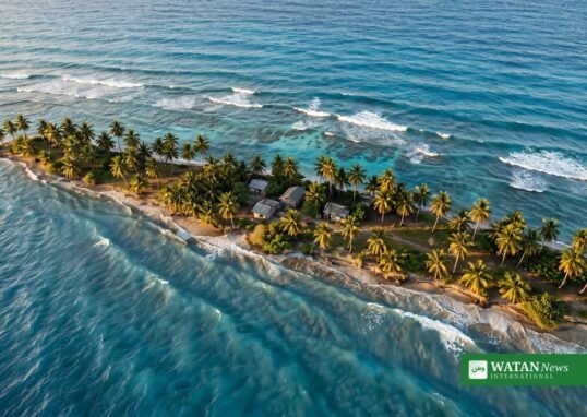 Aerial view of a low-lying Tuvalu atoll threatened by rising seas — Tuvalu climate change plea