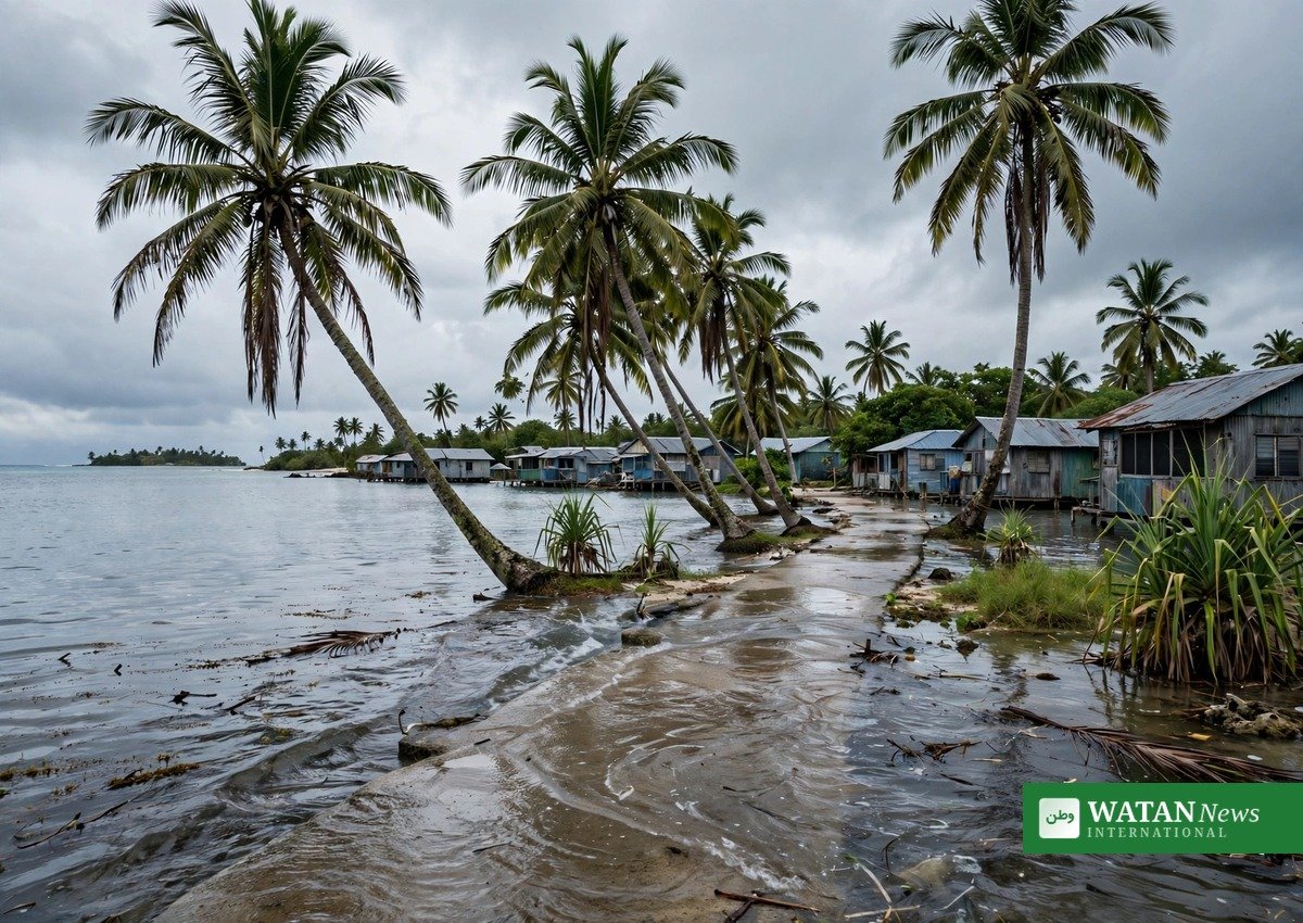 Flooded shoreline in Funafuti, Tuvalu, as rising seas threaten the island nation — Tuvalu climate change plea
