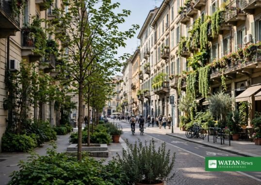 Milan Forestami urban forest street with young trees and green balconies