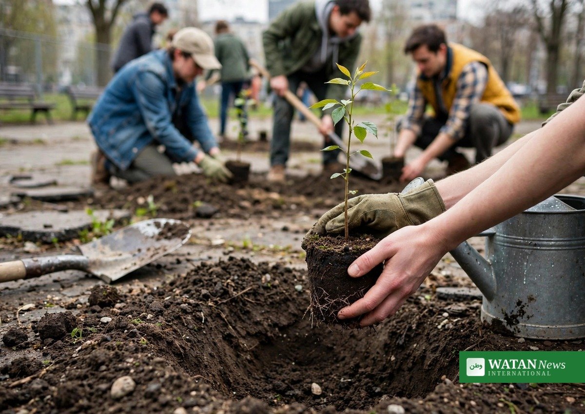 Volunteers planting young tree saplings in a city park