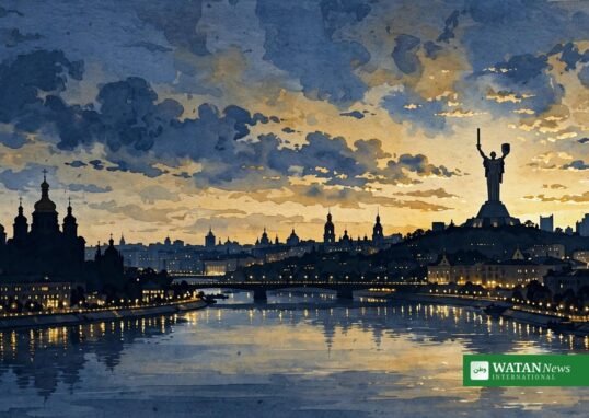 Kyivs skyline ved skumring – krig i Ukraine