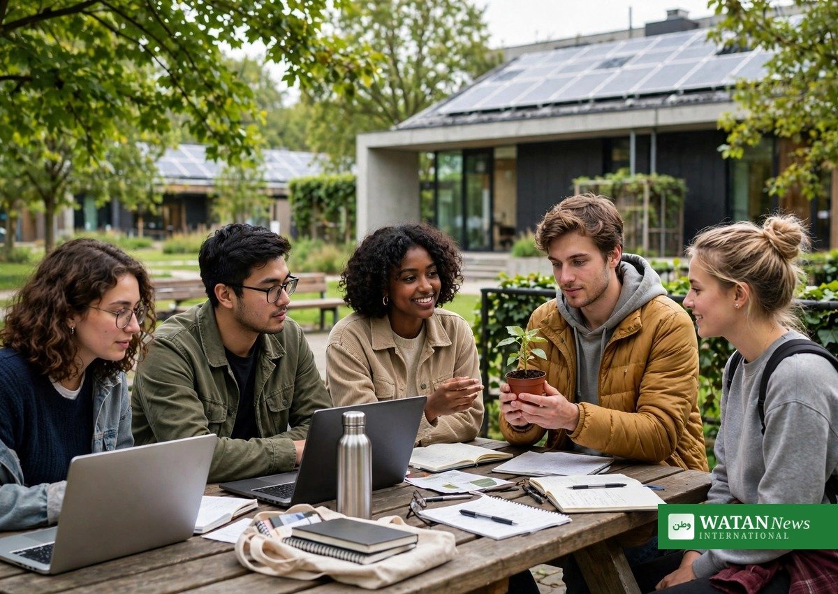 EU GREEN-studerende samarbejder på et grønt universitetscampus