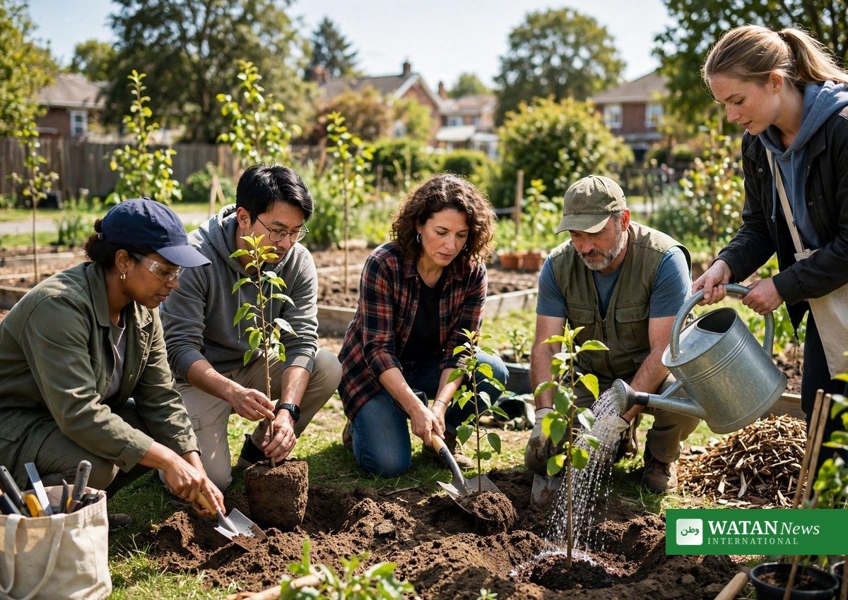 Community volunteers planting young trees in a neighbourhood garden, green ambassador