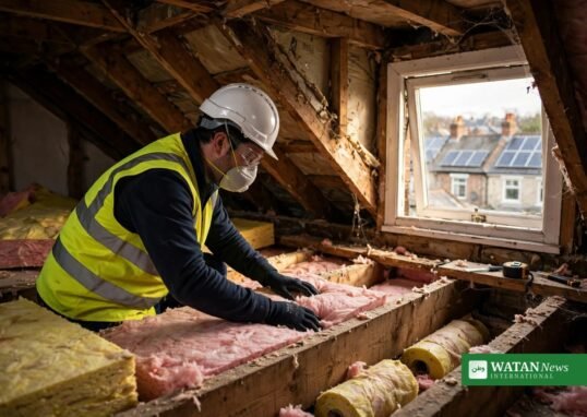 Arbejder installerer loftsisolering i en almen bolig