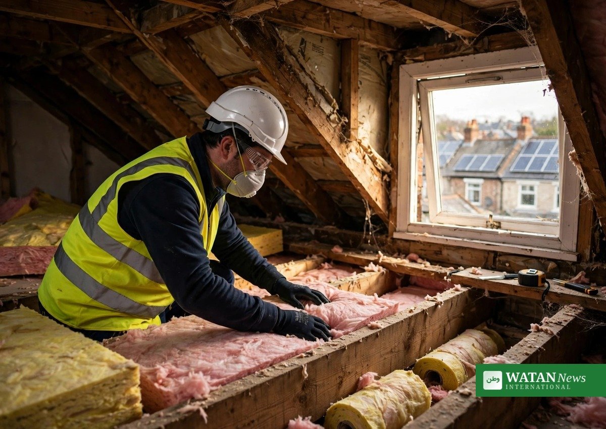 Arbejder installerer loftsisolering i en almen bolig