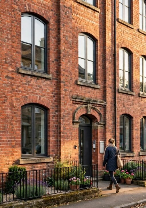 Renoveret historisk bygning i røde mursten omdannet til moderne lejligheder i Storbritannien