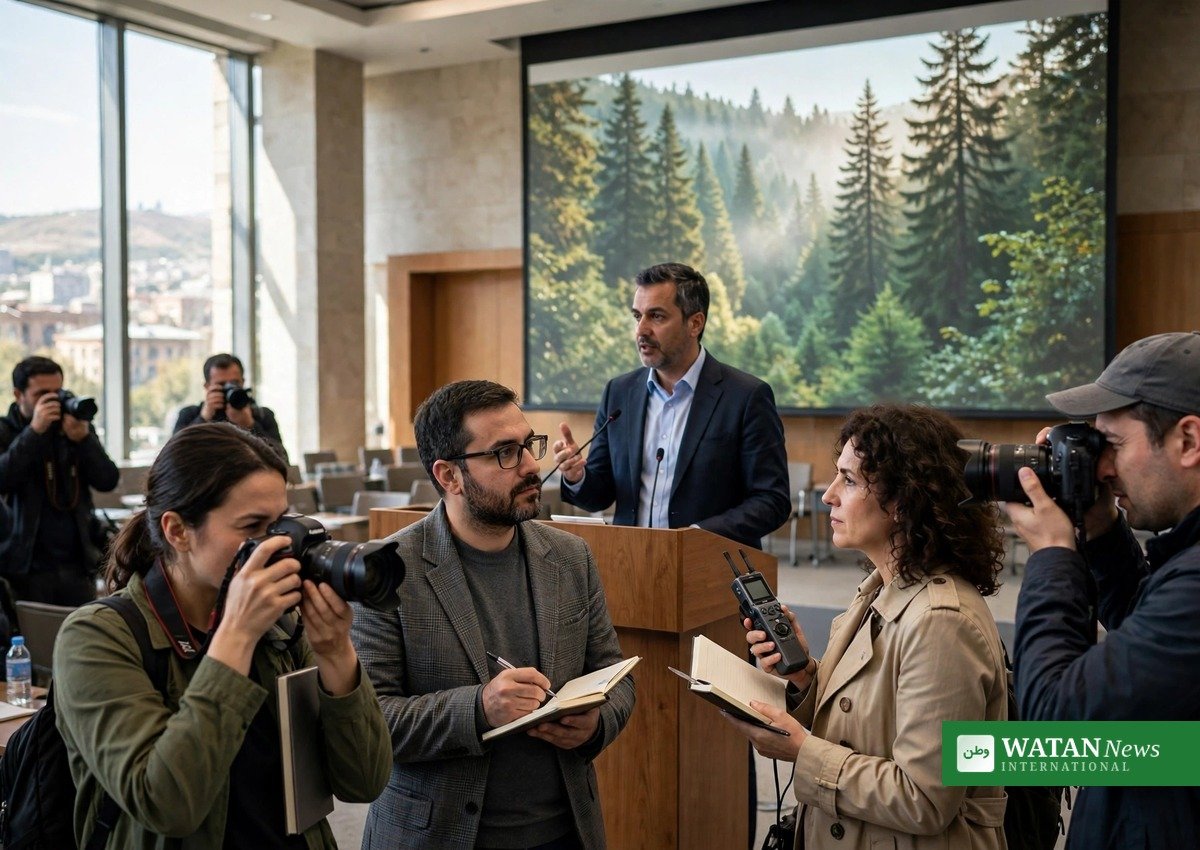 Journalists at a United Nations conference press briefing on ecosystem restoration