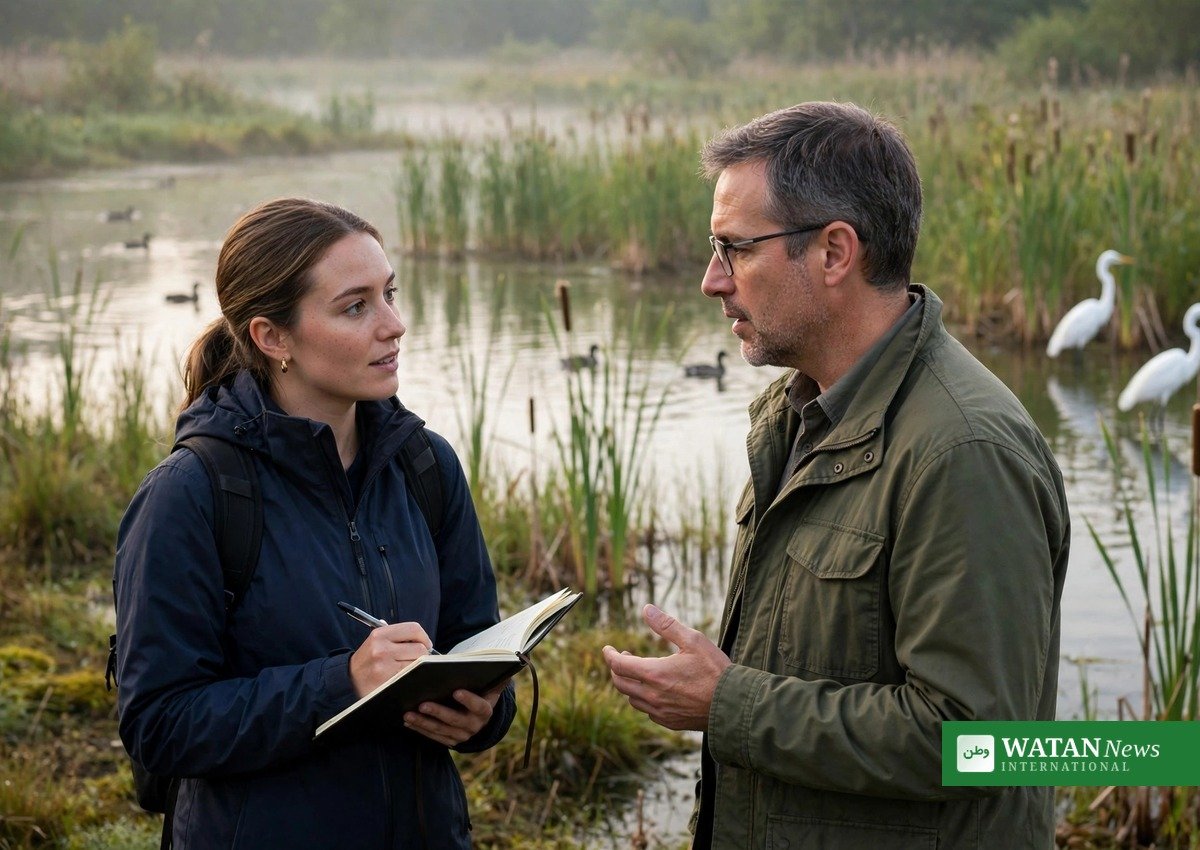 Reporter interviewing a scientist beside a restored wetland