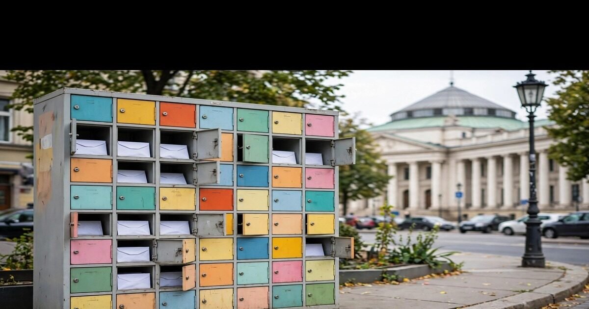 Colourful abortomat abortion pill locker with medication envelopes in Warsaw, Poland