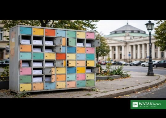 Colourful abortomat abortion pill locker with medication envelopes in Warsaw, Poland