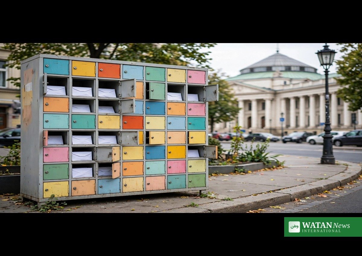 Colourful abortomat abortion pill locker with medication envelopes in Warsaw, Poland