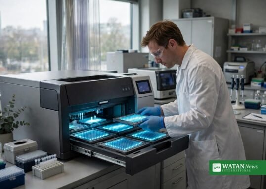 Genomics laboratory scientist working at DNA sequencing equipment