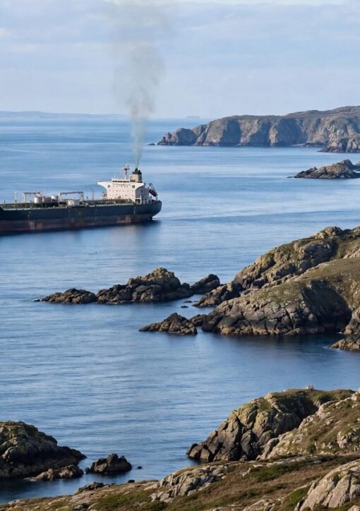 Oil tanker at sea near the rocky coast of Oman after a projectile strike