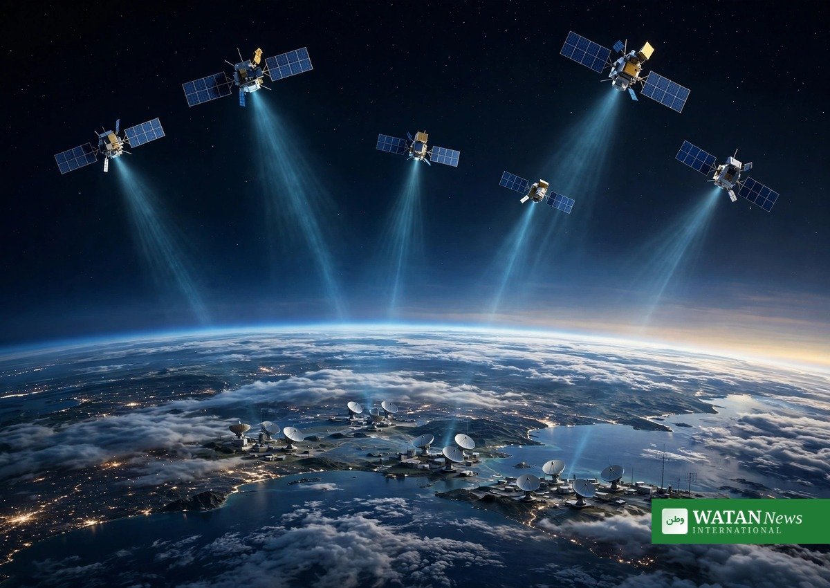 SpaceX spectrum deal: illustration of a Starlink satellite constellation beaming signals to Earth