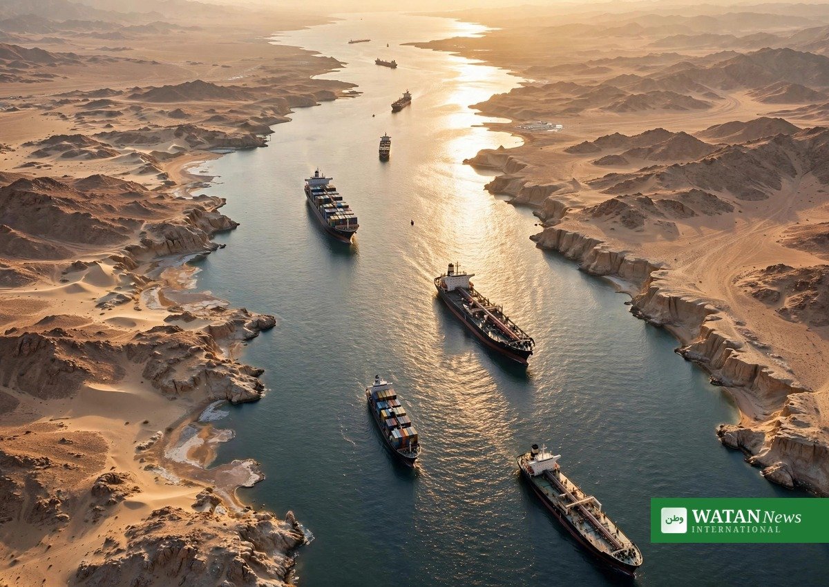 Aerial view of the busy shipping lane through the Strait of Hormuz with container ships and tankers at sunrise