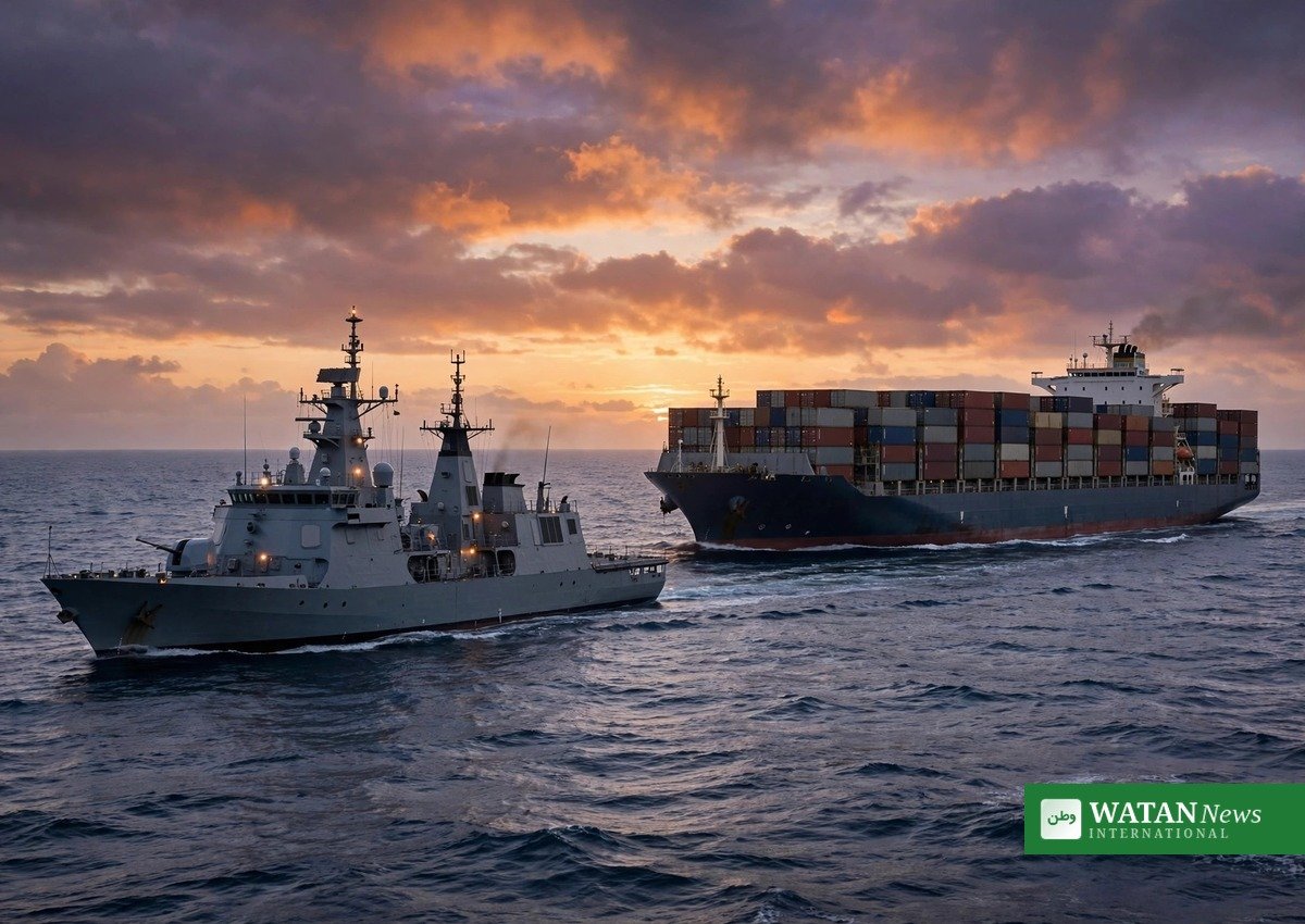 A naval patrol vessel sailing beside a large container ship at dusk on escort duty