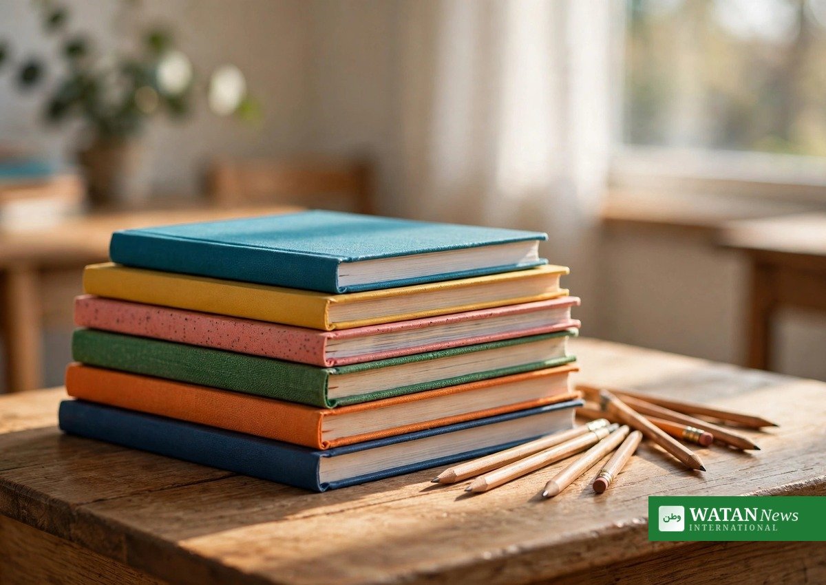 Stack of colourful school textbooks and pencils symbolising refugee children education