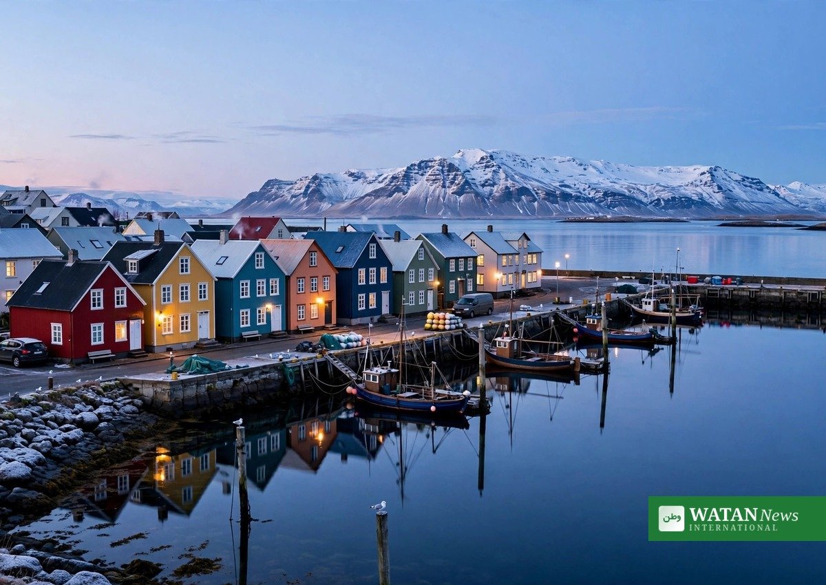 Reykjavik harbor at dusk where the Arctic summits were agreed
