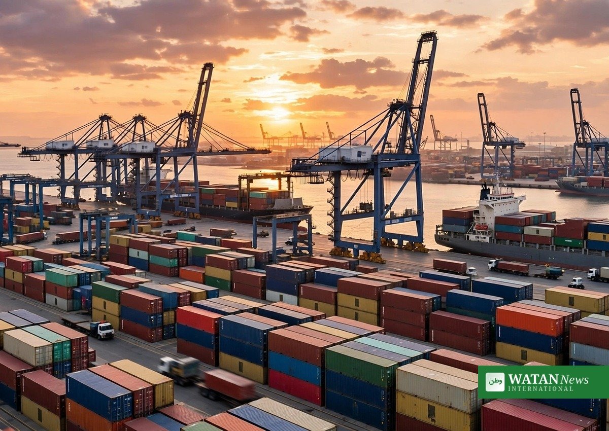 Container cargo port with shipping containers and cranes at sunset