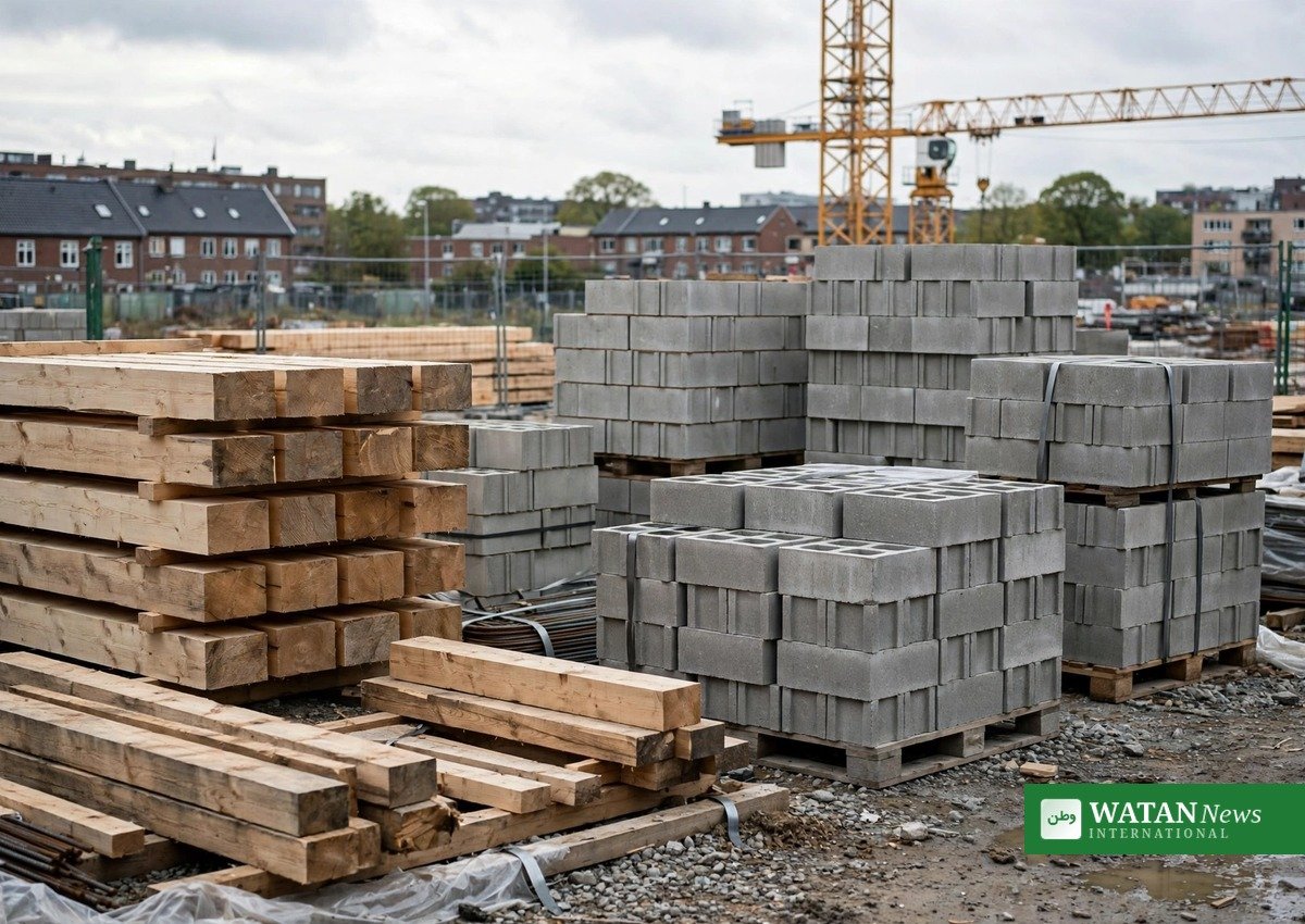 Byggeomkostninger – byggematerialer som træ og beton på en dansk byggeplads