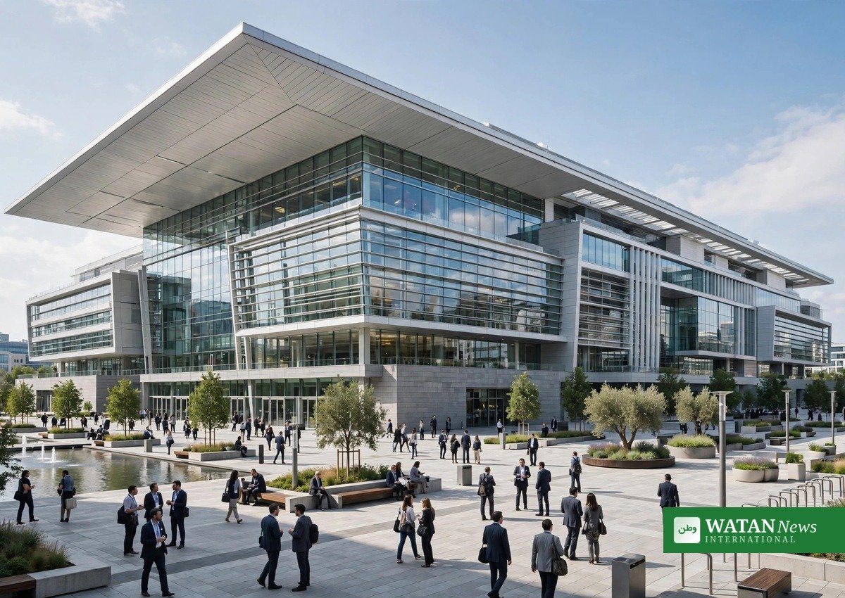 Modern international convention center exterior where global summits take place