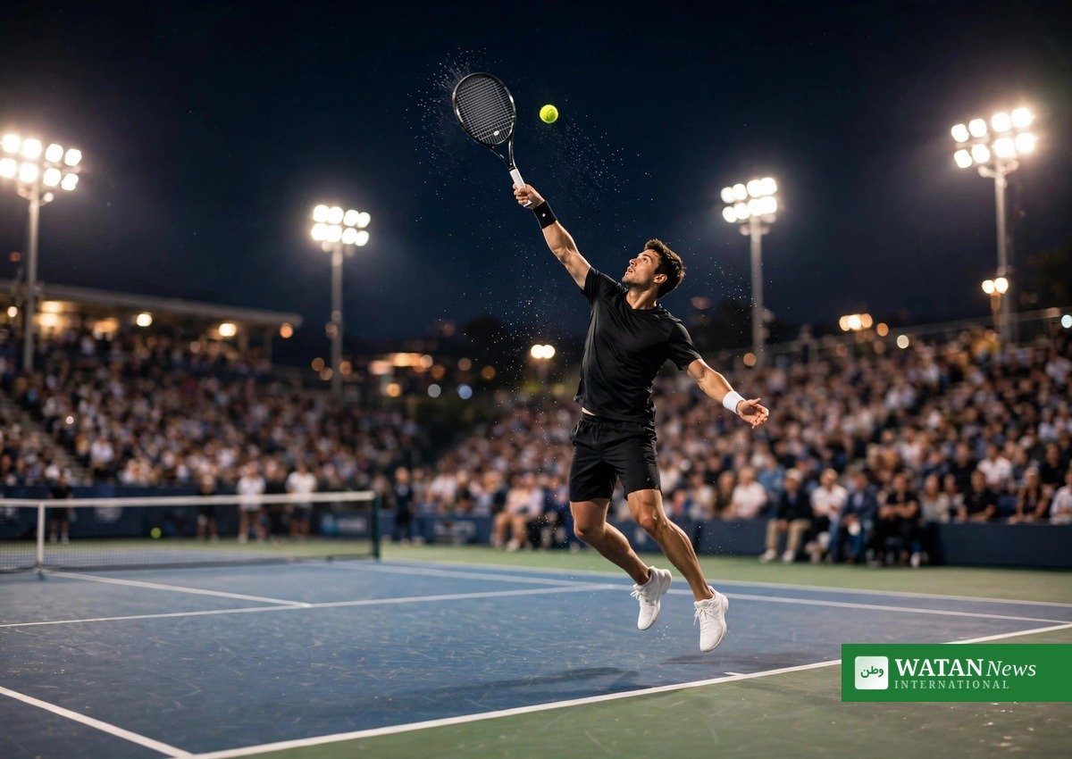 Tennis player serving on a hard court at night under stadium floodlights