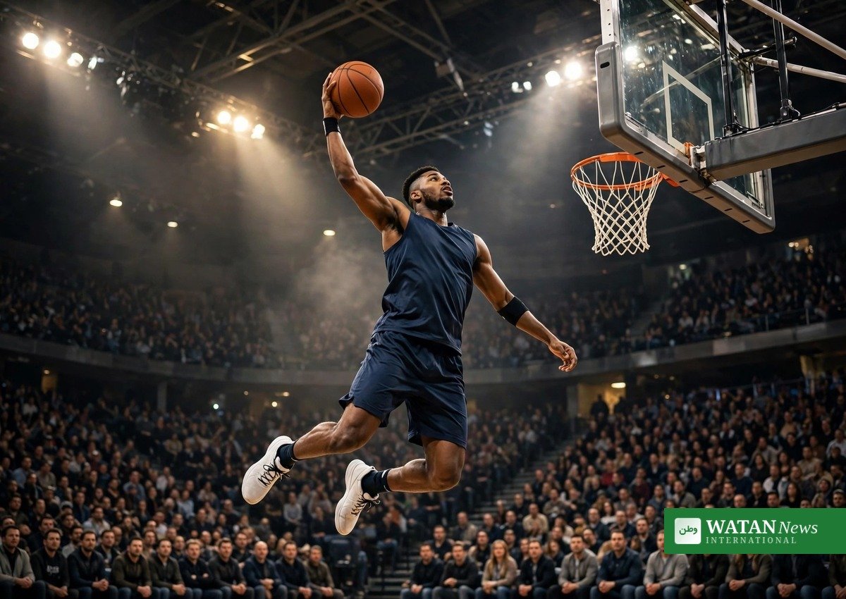 Alibaba Brooklyn Nets partnership: illustration of a basketball player dunking in a packed arena