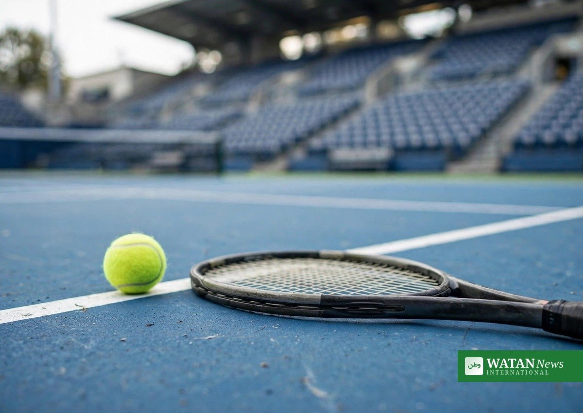 Tennisbold og ketsjer på hard court