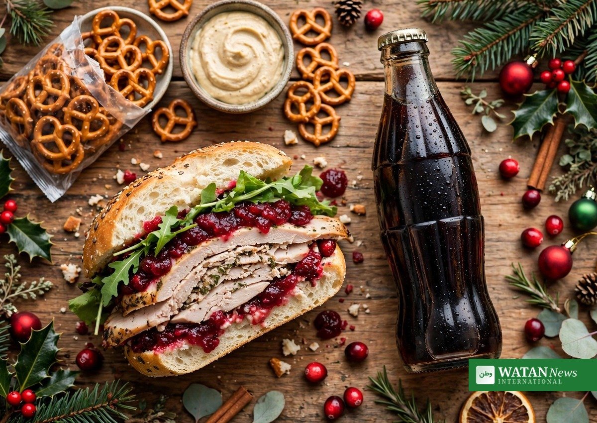 Tesco festive meal deal: festive Christmas meal deal flat lay with sandwich, drink and snacks