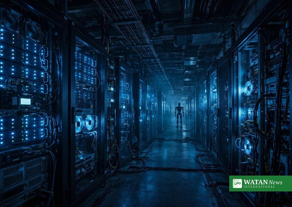 Dark data center corridor with glowing blue server racks and a distant robot silhouette