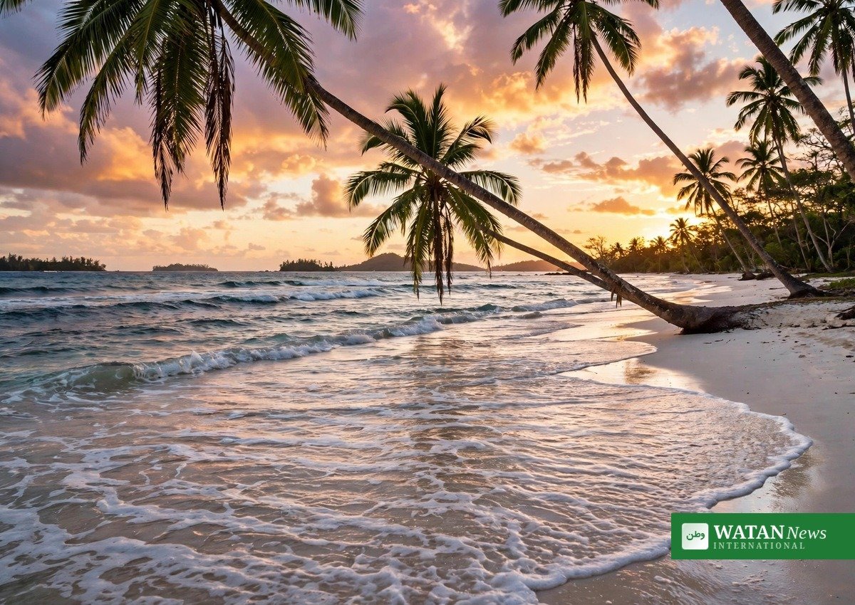 Pacific island beach at sunset with waves and leaning palm trees