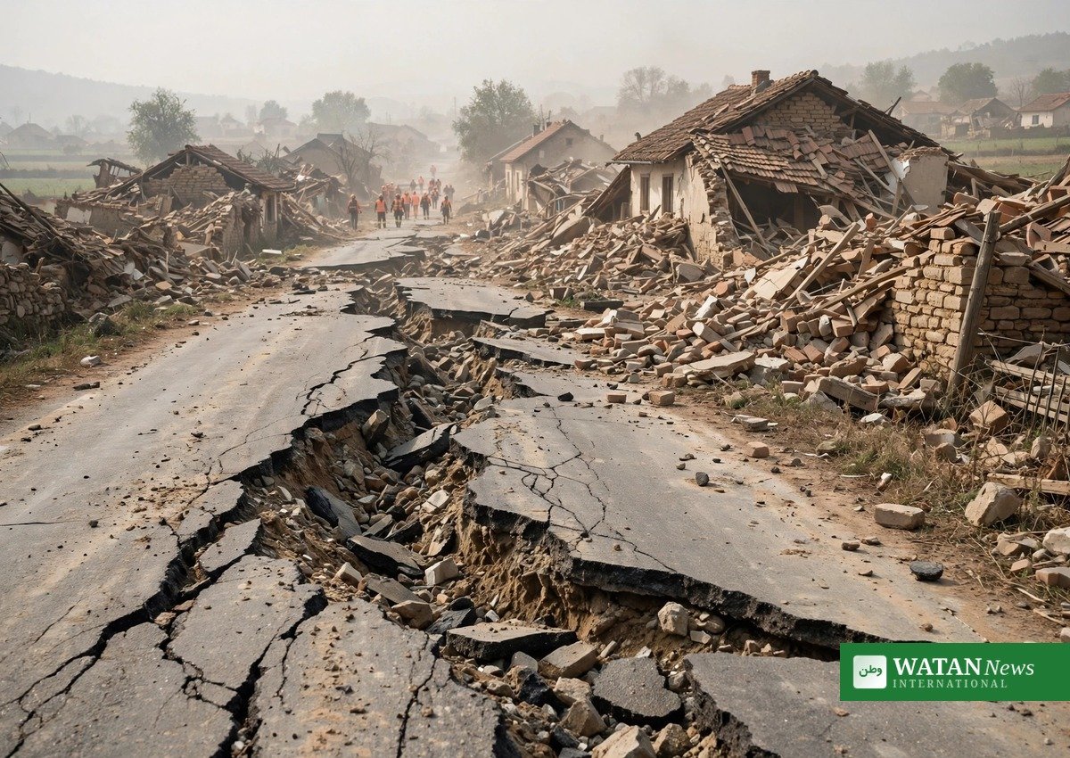 Panama earthquake relief: cracked road and collapsed buildings in central Panama