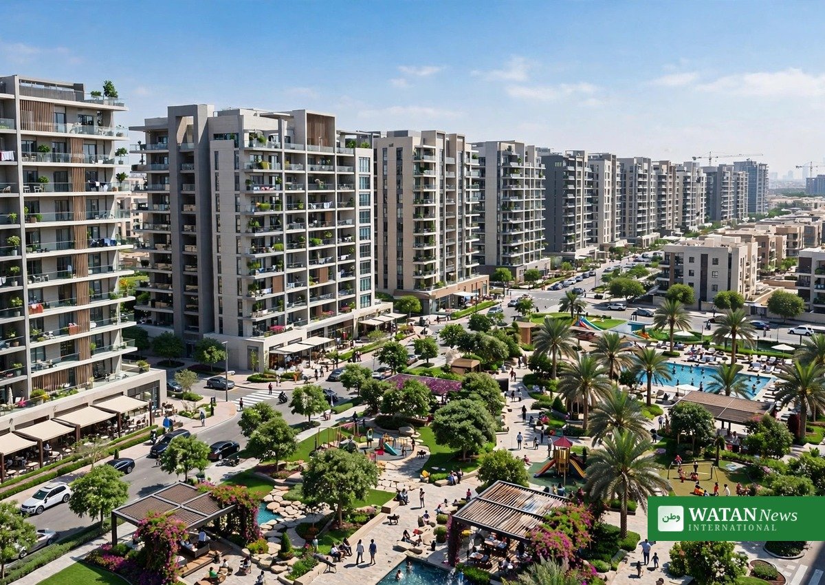 Modern Dubai residential apartment buildings with landscaped courtyards in 2026