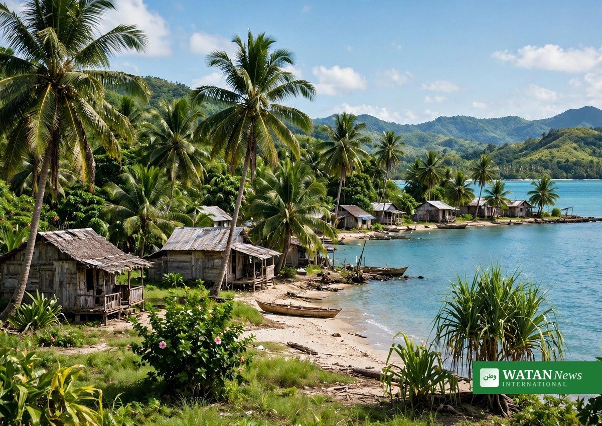 Small Pacific island coastal village with coconut palms by turquoise water