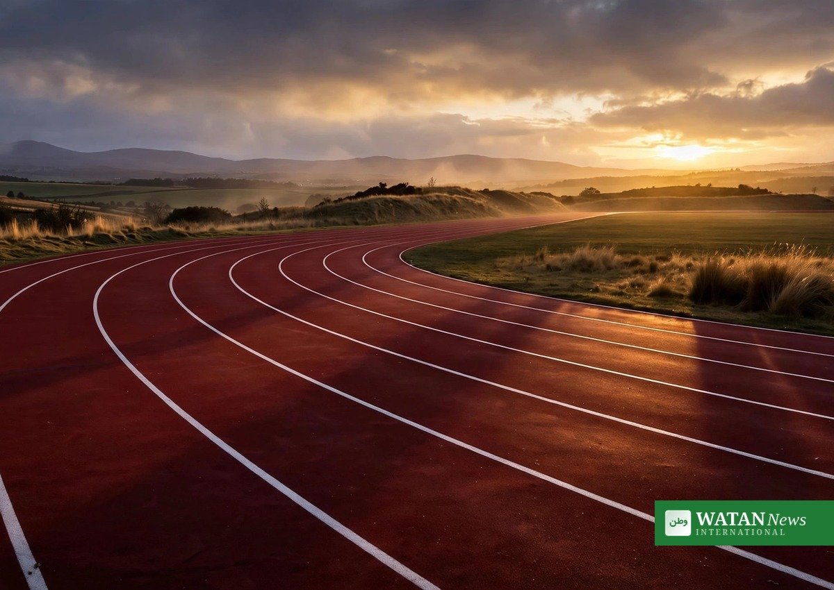 Sharlene Mawdsley comeback — empty 400m athletics track at golden hour