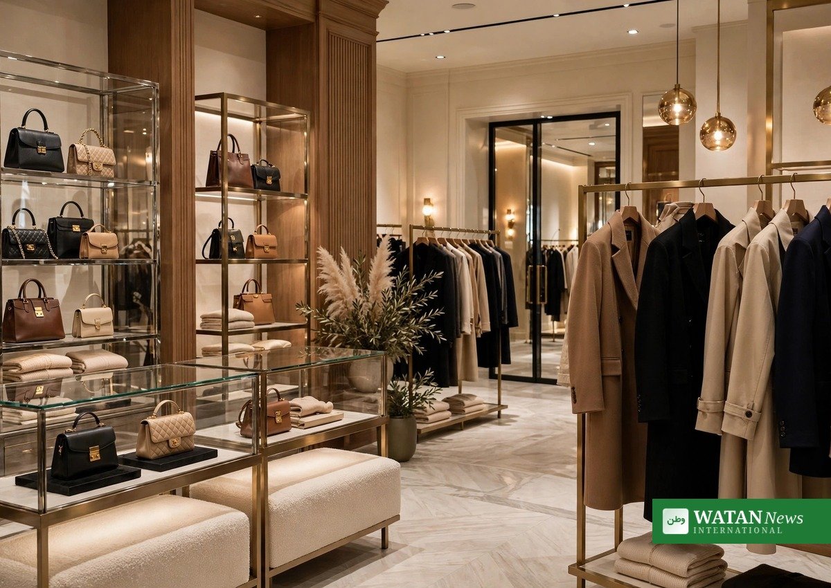 Elegant luxury boutique interior with designer handbags as China's tax crackdown hits luxury brands