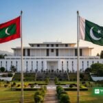 Flags of the Maldives and Pakistan flying in Islamabad ahead of the Muizzu Pakistan state visit