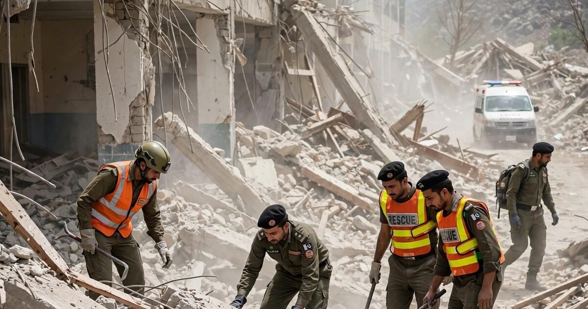Rescue workers search the rubble after the Peshawar school collapse in Dir Colony