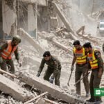 Rescue workers search the rubble after the Peshawar school collapse in Dir Colony