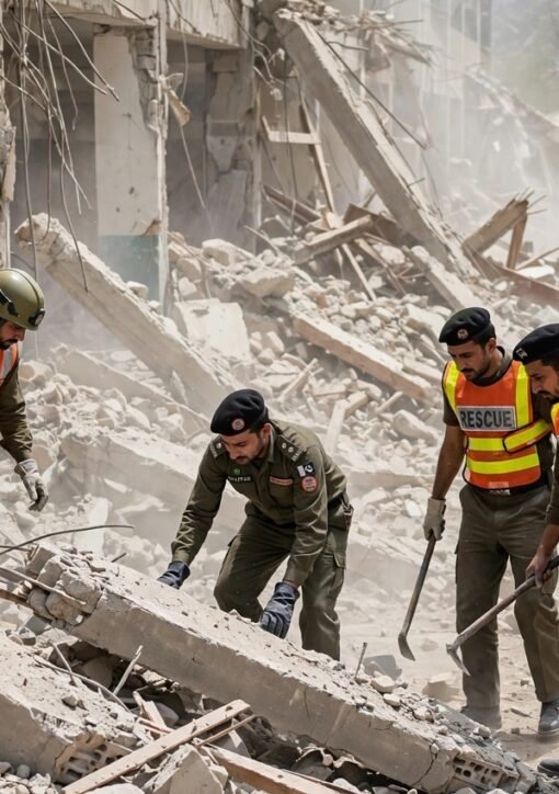 Rescue workers search the rubble after the Peshawar school collapse in Dir Colony