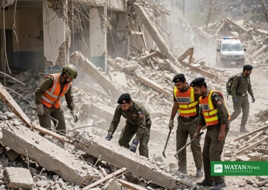 Rescue workers search the rubble after the Peshawar school collapse in Dir Colony